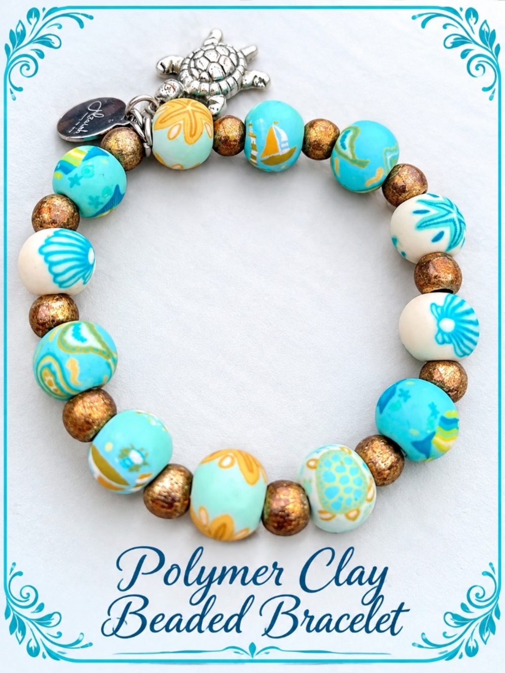 Polymer clay zilzarah Turtle Charm Turquoise Beaded Stretch Bracelet
